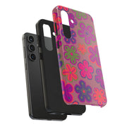 Retro Neon Groovy Flowers Tough Phone Case – 70s Psychedelic Floral Pattern LavenderCeleste