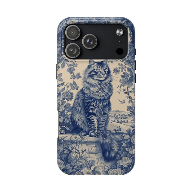 Maine Coon Toile Tough Phone Case – Vintage Blue Floral Cat Pattern - LavenderCeleste