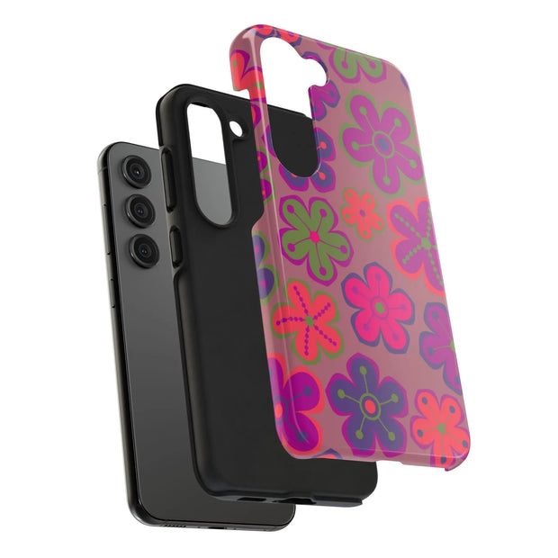 Retro Neon Groovy Flowers Tough Phone Case – 70s Psychedelic Floral Pattern LavenderCeleste