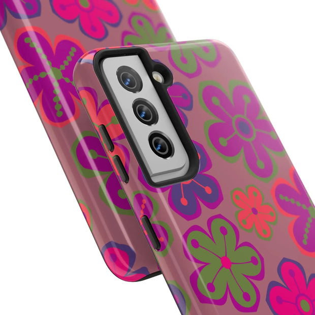 Retro Neon Groovy Flowers Tough Phone Case – 70s Psychedelic Floral Pattern LavenderCeleste