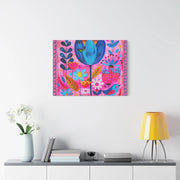 Whimsical Pink Blue Floral Matte Canvas Art - LavenderCeleste