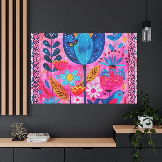 Whimsical Pink Blue Floral Matte Canvas Art LavenderCeleste