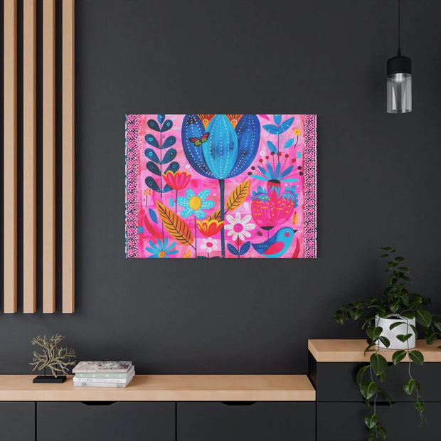 Whimsical Pink Blue Floral Matte Canvas Art - LavenderCeleste