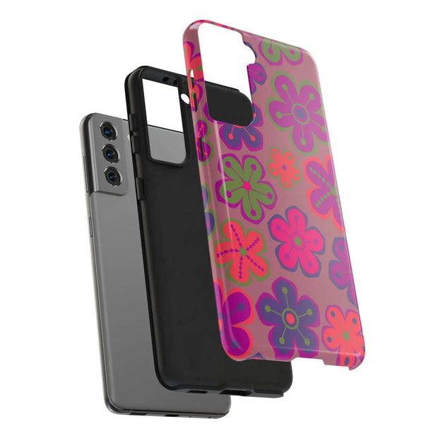 Retro Neon Groovy Flowers Tough Phone Case – 70s Psychedelic Floral Pattern LavenderCeleste