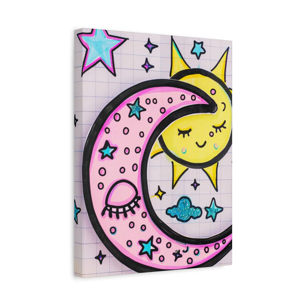 Kawaii Sun and Moon Doodle Matte Canvas Art Print LavenderCeleste