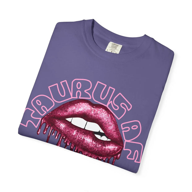 Taurus AF Glitter Lips Zodiac Comfort Colors Tee LavenderCeleste