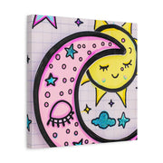 Kawaii Sun and Moon Doodle Matte Canvas Art Print LavenderCeleste
