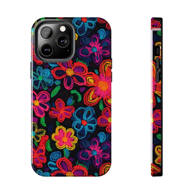 Neon Crochet Floral Tough Phone Case – Vibrant Retro Handmade Pattern Printify