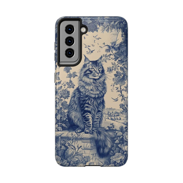 Maine Coon Toile Tough Phone Case – Vintage Blue Floral Cat Pattern - LavenderCeleste