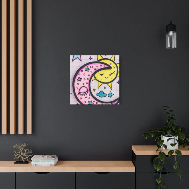 Kawaii Sun and Moon Doodle Matte Canvas Art Print LavenderCeleste