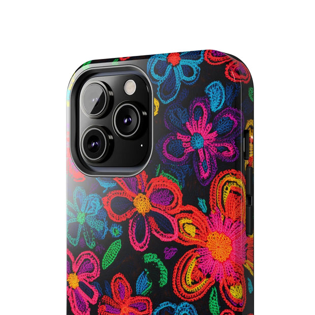 Neon Crochet Floral Tough Phone Case – Vibrant Retro Handmade Pattern Printify