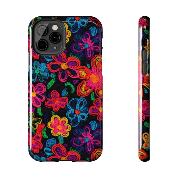 Neon Crochet Floral Tough Phone Case – Vibrant Retro Handmade Pattern Printify