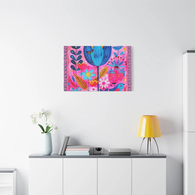 Whimsical Pink Blue Floral Matte Canvas Art - LavenderCeleste