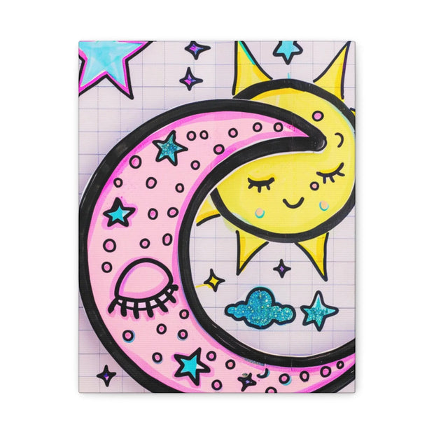 Kawaii Sun and Moon Doodle Matte Canvas Art Print LavenderCeleste