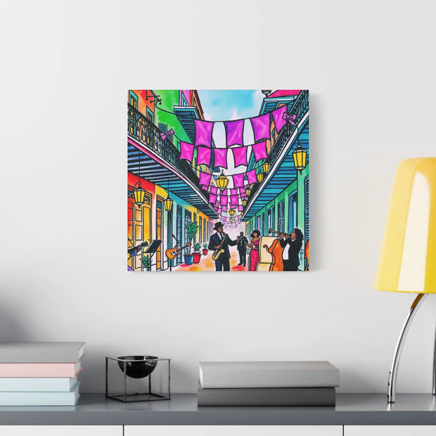 Vibrant New Orleans Jazz Street Matte Canvas – French Quarter Music Scene LavenderCeleste