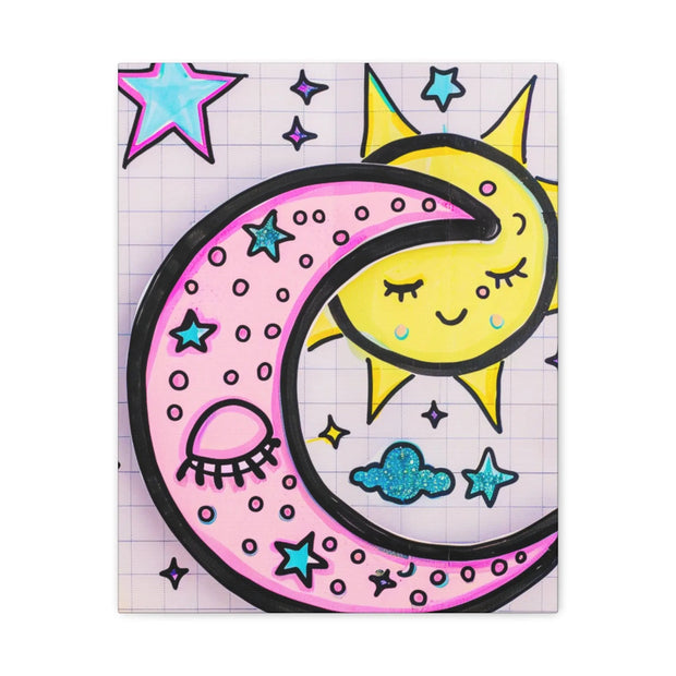 Kawaii Sun and Moon Doodle Matte Canvas Art Print LavenderCeleste