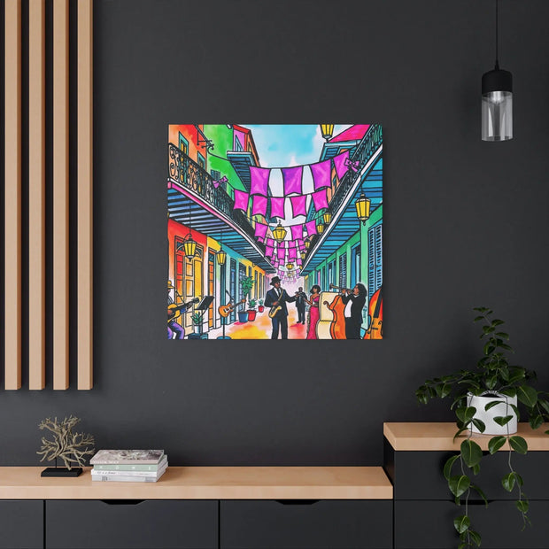 Vibrant New Orleans Jazz Street Matte Canvas – French Quarter Music Scene LavenderCeleste