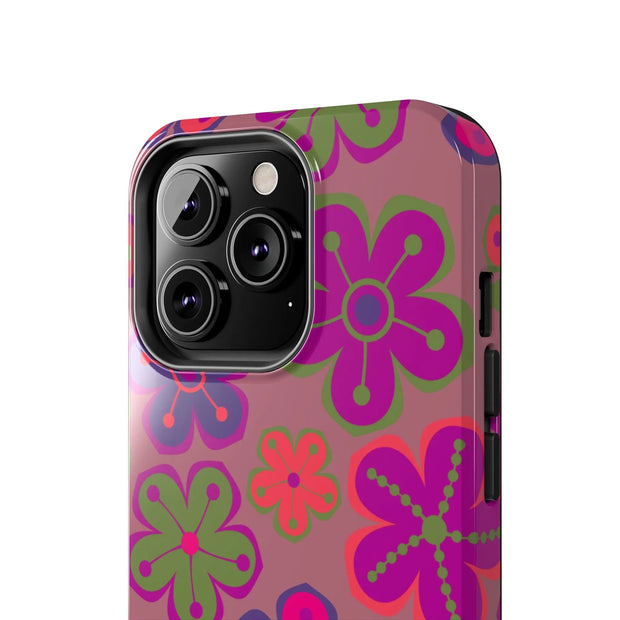 Retro Neon Groovy Flowers Tough Phone Case – 70s Psychedelic Floral Pattern LavenderCeleste