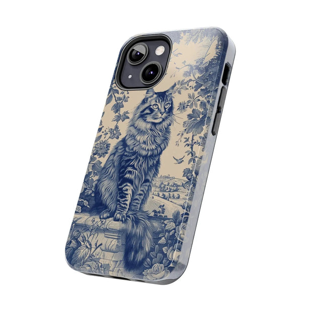 Maine Coon Toile Tough Phone Case – Vintage Blue Floral Cat Pattern - LavenderCeleste