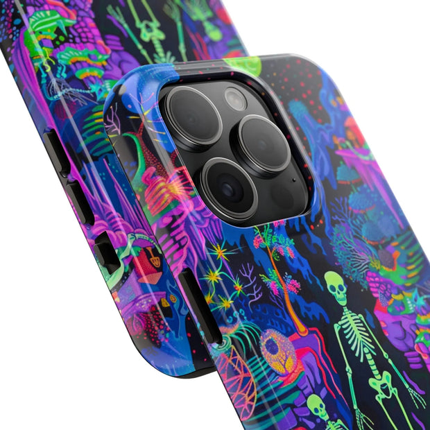 Neon Bones Fantasy Tough Phone Case | Vivid Gothic Art | Surreal Colorful Skeleton Aesthetic Cover WOYC