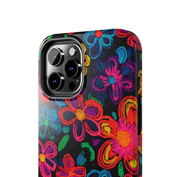 Neon Crochet Floral Tough Phone Case – Vibrant Retro Handmade Pattern Printify