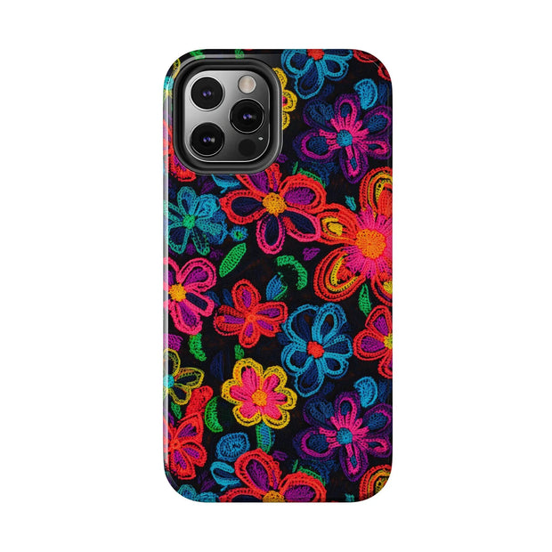 Neon Crochet Floral Tough Phone Case – Vibrant Retro Handmade Pattern Printify