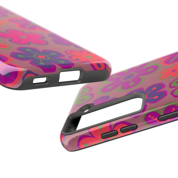 Retro Neon Groovy Flowers Tough Phone Case – 70s Psychedelic Floral Pattern LavenderCeleste