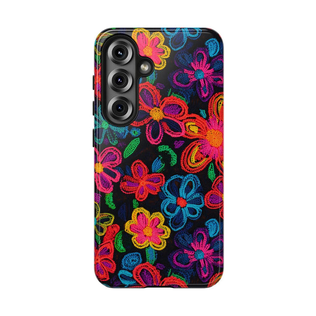 Neon Crochet Floral Tough Phone Case – Vibrant Retro Handmade Pattern Printify