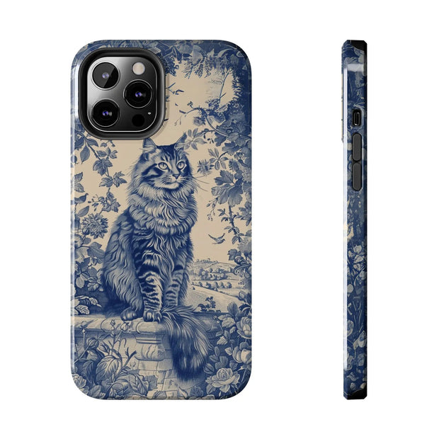 Maine Coon Toile Tough Phone Case – Vintage Blue Floral Cat Pattern - LavenderCeleste