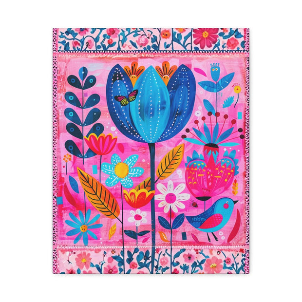 Whimsical Pink Blue Floral Matte Canvas Art - LavenderCeleste