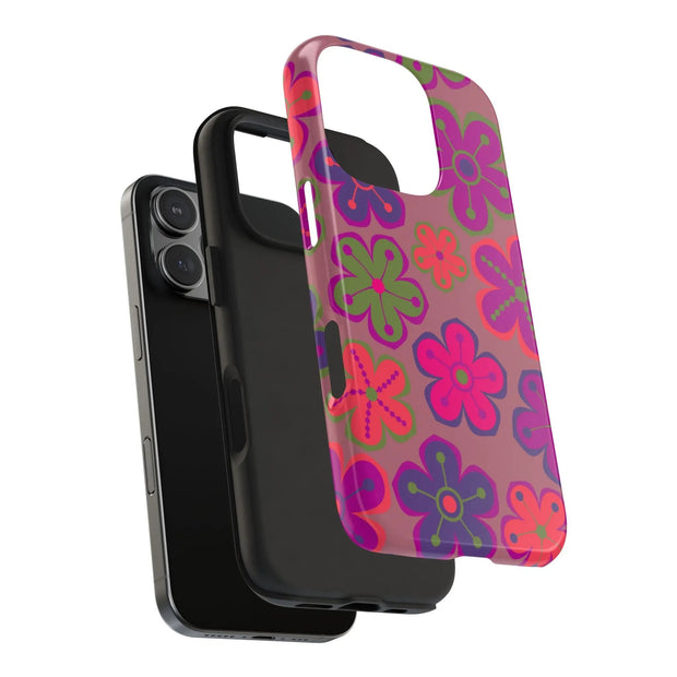 Retro Neon Groovy Flowers Tough Phone Case – 70s Psychedelic Floral Pattern LavenderCeleste
