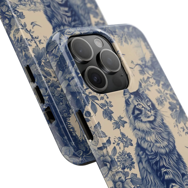 Maine Coon Toile Tough Phone Case – Vintage Blue Floral Cat Pattern - LavenderCeleste