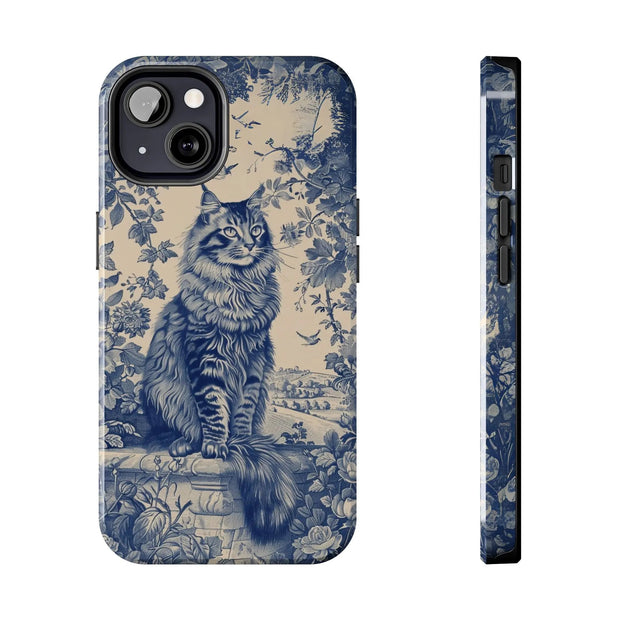 Maine Coon Toile Tough Phone Case – Vintage Blue Floral Cat Pattern - LavenderCeleste