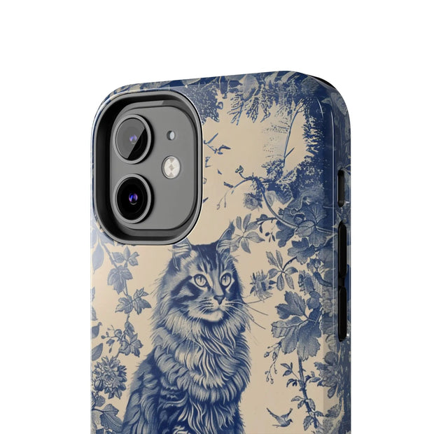 Maine Coon Toile Tough Phone Case – Vintage Blue Floral Cat Pattern - LavenderCeleste