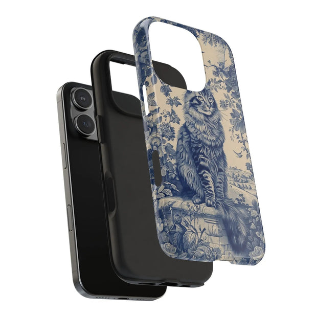Maine Coon Toile Tough Phone Case – Vintage Blue Floral Cat Pattern - LavenderCeleste