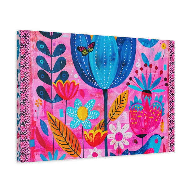 Whimsical Pink Blue Floral Matte Canvas Art - LavenderCeleste