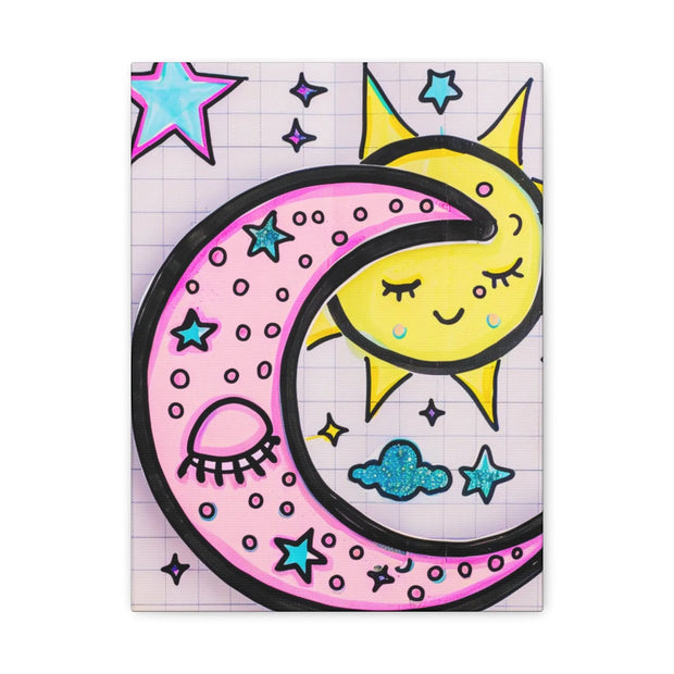 Kawaii Sun and Moon Doodle Matte Canvas Art Print LavenderCeleste