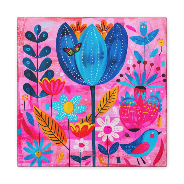 Whimsical Pink Blue Floral Matte Canvas Art - LavenderCeleste