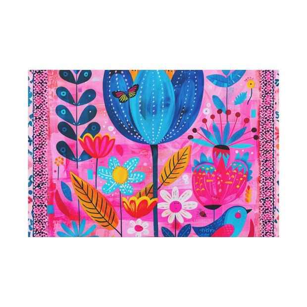 Whimsical Pink Blue Floral Matte Canvas Art - LavenderCeleste