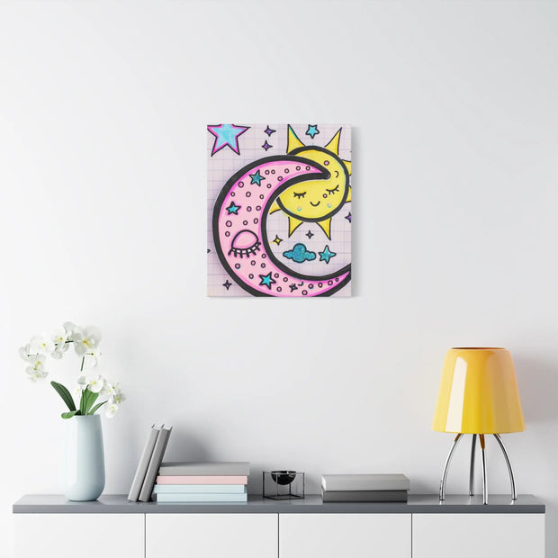 Kawaii Sun and Moon Doodle Matte Canvas Art Print LavenderCeleste