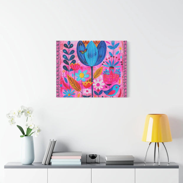 Whimsical Pink Blue Floral Matte Canvas Art - LavenderCeleste