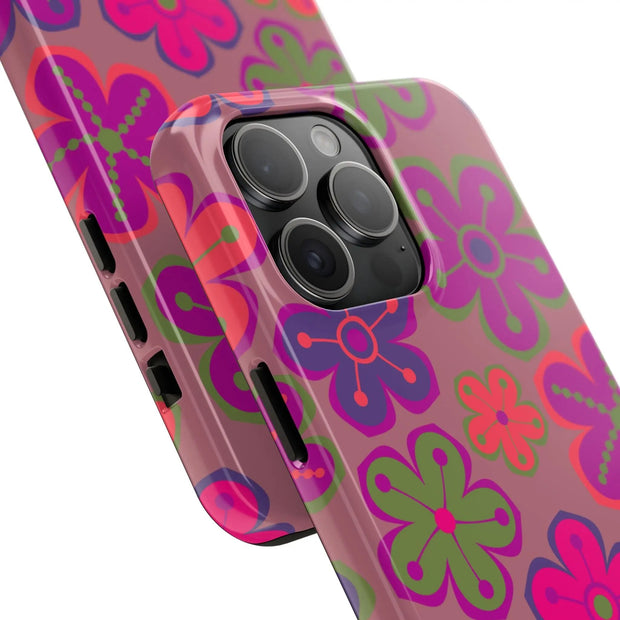 Retro Neon Groovy Flowers Tough Phone Case – 70s Psychedelic Floral Pattern LavenderCeleste