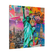 Vibrant New York Collage Matte Canvas – Statue of Liberty Pop Art LavenderCeleste