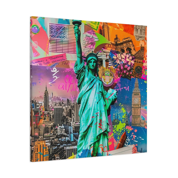 Vibrant New York Collage Matte Canvas – Statue of Liberty Pop Art LavenderCeleste