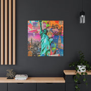 Vibrant New York Collage Matte Canvas – Statue of Liberty Pop Art LavenderCeleste