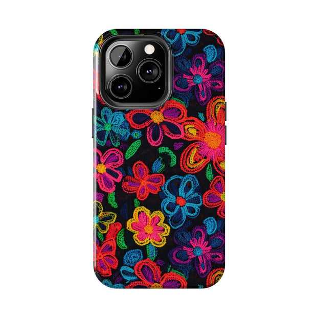 Neon Crochet Floral Tough Phone Case – Vibrant Retro Handmade Pattern Printify