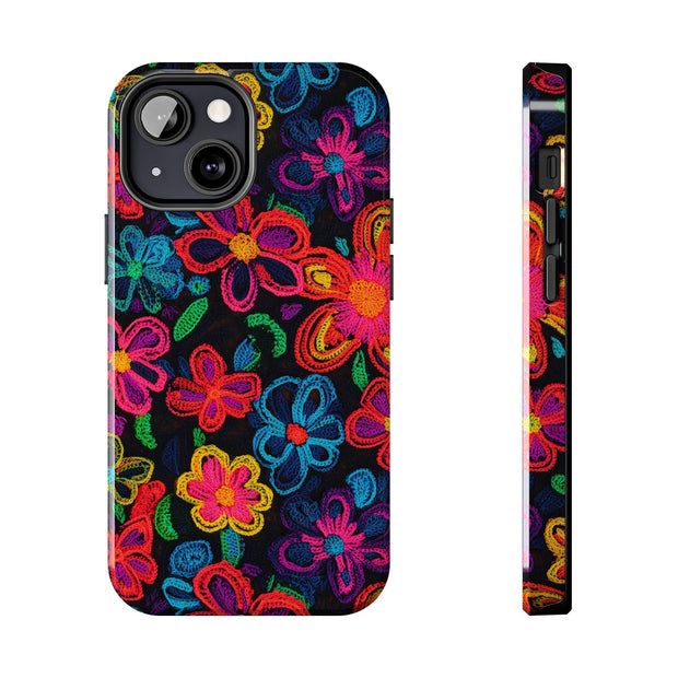 Neon Crochet Floral Tough Phone Case – Vibrant Retro Handmade Pattern Printify