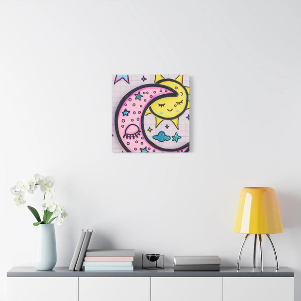 Kawaii Sun and Moon Doodle Matte Canvas Art Print LavenderCeleste