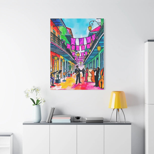 Vibrant New Orleans Jazz Street Matte Canvas – French Quarter Music Scene LavenderCeleste
