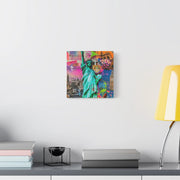 Vibrant New York Collage Matte Canvas – Statue of Liberty Pop Art LavenderCeleste